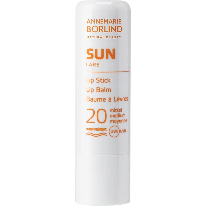 Annemarie Börlind Sun Care Lip Stick SPF 20 suojaava huulivoide valkoisessa hylsyssä oranssilla painatuksella