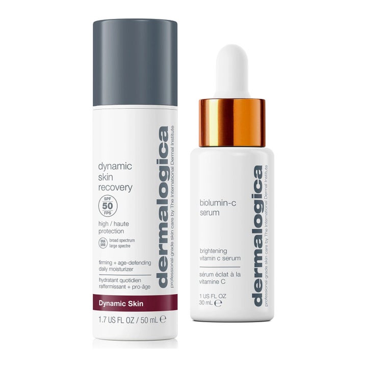 Dermalogica Dynamic Skin Recovery 50ml ja Biolumin-C 30ml kiinteyttävä ja kirkastava setti valkoisissa pulloissa.