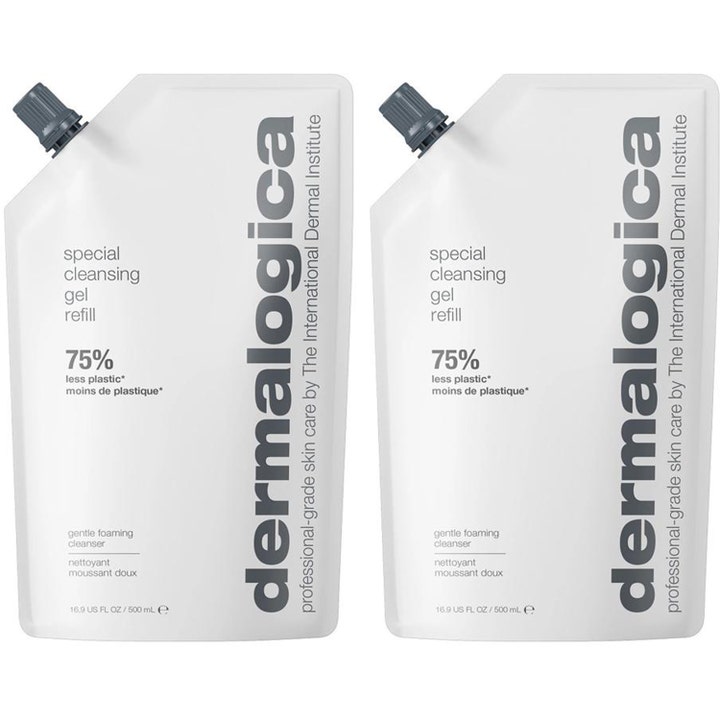 Dermalogica Special Cleansing Gel Refill 500 ml puhdistusgeeli kahdessa valkoisessa täyttöpussissa.