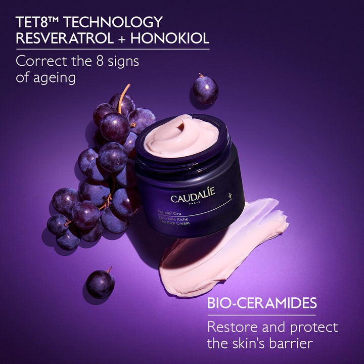 Caudalie Premier Cru The Rich Cream 50 ml täyteläinen kasvovoide tummassa purkissa rypäleillä ja TET8-teknologialla.