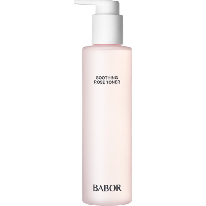 Babor Soothing Rose Toner rauhoittava kasvovesi huurteisessa vaaleanpunaisessa pullossa valkoisella pumpulla