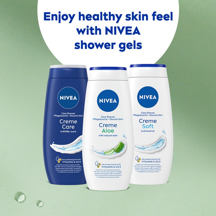 Nivea Shower Summer Creme Aloe 250 ml hoitava suihkusaippua osana kolmen suihkugeelin valikoimaa vihreällä taustalla