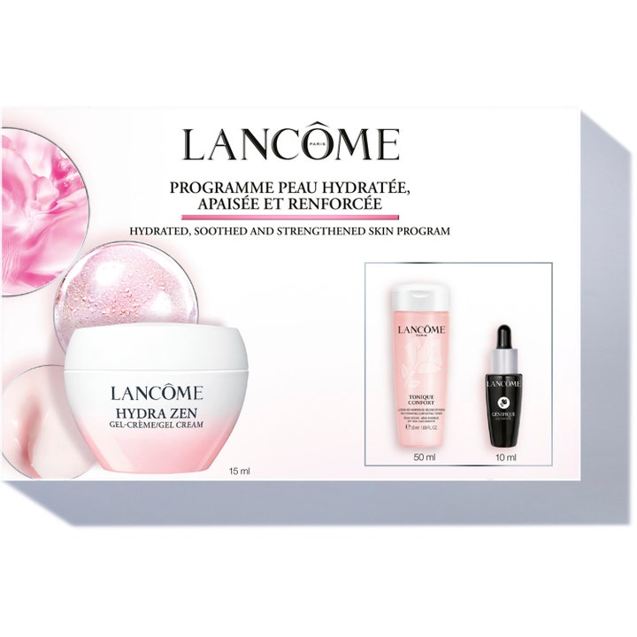 Lancôme Hydra Zen 3 tuotetta rauhoittava ihonhoitosetti valkoinen pakkaus jossa vaaleanpunainen voide ja seerumi