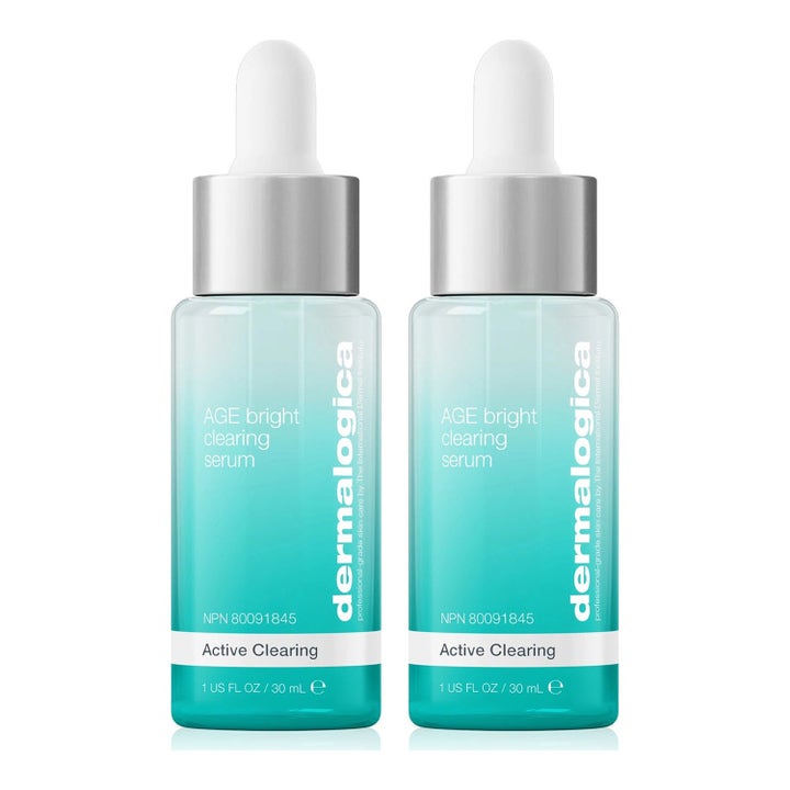 Dermalogica AGE Bright Clearing Serum 30 ml kirkastava seerumi kaksi turkoosia pipettipulloa hopeisin yksityiskohdin