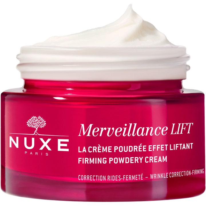 Nuxe Merveillance LIFT 50 ml kiinteyttävä päivävoide silottaa ryppyjä, punainen lasipurkki ja täyteläinen voide.