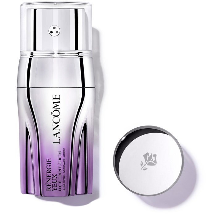 Lancôme Rénergie Yeux H.C.F. Triple Serum kiinteyttävä silmänympärysseerumi hopeisessa ja liilassa pumppupullossa