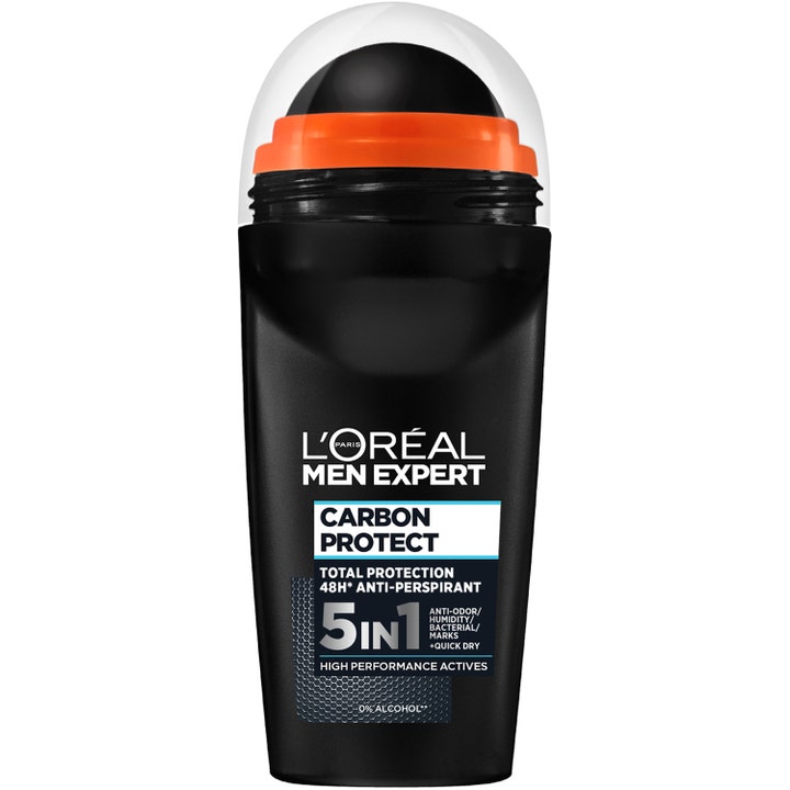 L'Oréal Men Expert Carbon Protect 5in1 50 ml antiperspirantti roll-on mustassa pullossa, jossa on oranssi kaulus.