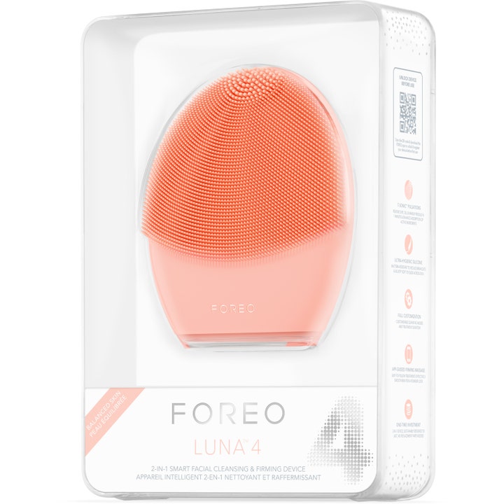 FOREO LUNA 4 Balanced Skin 1 kpl syväpuhdistava kasvoharja on oranssi silikonilaite valkoisessa pakkauksessa.
