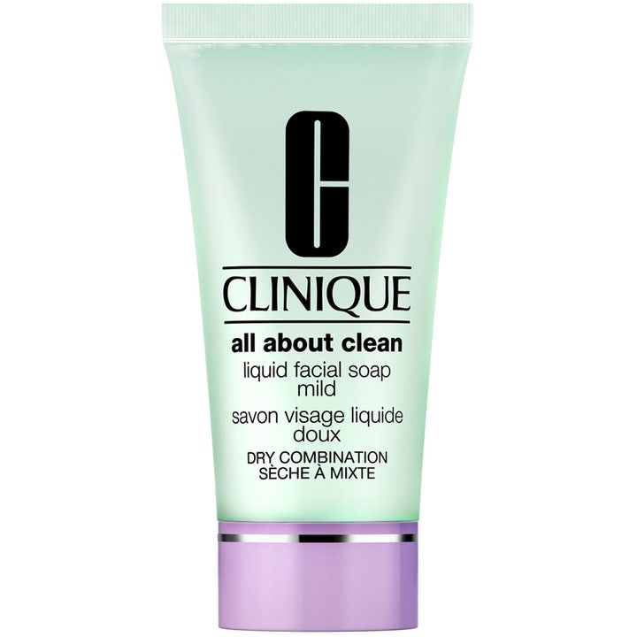Clinique All About Clean Liquid Facial Soap Mild 150 ml hellävarainen puhdistusgeeli vaaleanvihreässä tuubissa liilalla korkilla