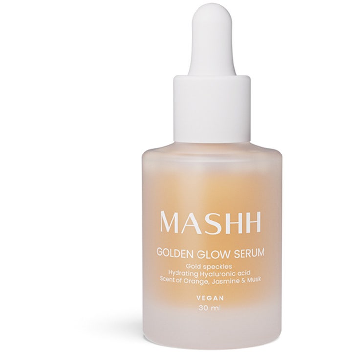 Mashh Golden Glow Serum 30 ml kosteuttava seerumi huurretussa lasipullossa, jossa on valkoinen pipetti.