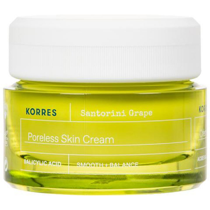 Korres Santorini Grape Poreless Skin Cream 40 ml tasapainottava kasvovoide vihreässä lasipurkissa.