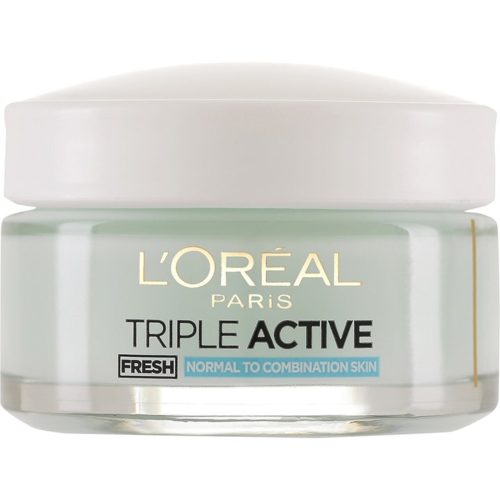 L'Oréal Paris Triple Active Fresh 50 ml kosteuttava kasvovoide lasipurkissa jossa on vaaleanvihreä geelivoide