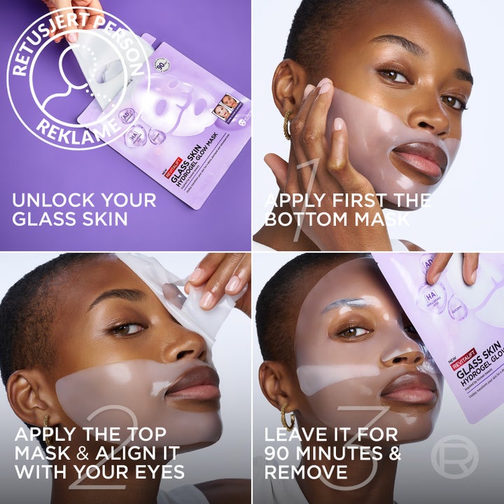 L'Oréal Paris Revitalift Filler Glass Skin Mask 1 kpl heleyttävä kasvonaamio käyttöohjeineen ja vaihekuvineen.