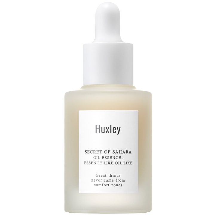 Huxley Secret of Sahara Oil Essence 30 ml kosteuttava öljy-seerumi huurteisessa lasisessa pipettipullossa.