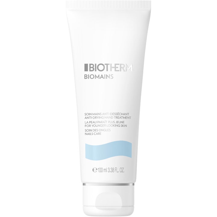 Biotherm Biomains 100 ml hoitava käsivoide suojaa ihoa kuivumiselta valkoisessa tuubissa sinisellä aaltokuviolla.