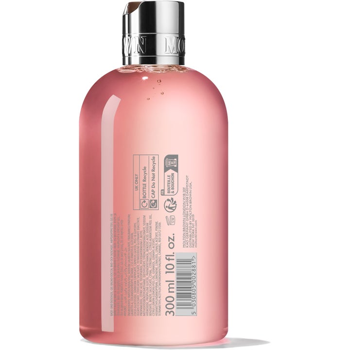 Molton Brown Delicious Rhubarb & Rose Bath & Shower Gel 300 ml puhdistava suihkugeeli pullon takaosa ainesosaluettelolla