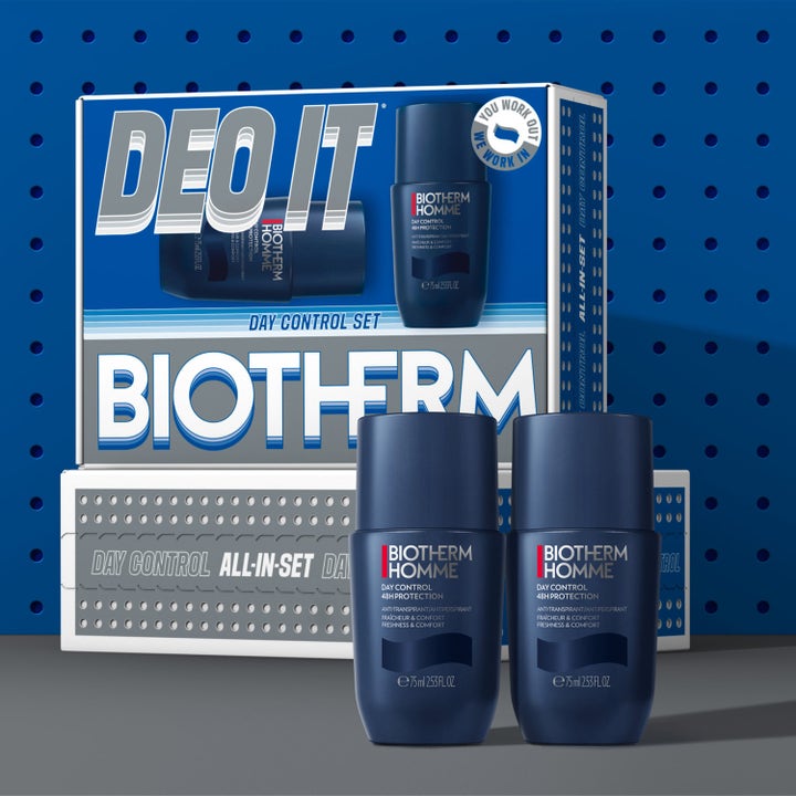 Biotherm Duo Deo Day Control 48H Set 150 ml miesten deodorantti sisältää kaksi sinistä roll-onia ja lahjapakkauksen.