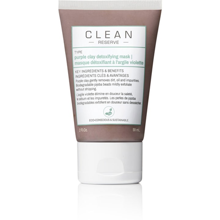 CLEAN RESERVE Purple Clay Detoxifying Mask 59 ml syväpuhdistava savinaamio ruskeanvioletissa tuubissa, jossa on valkoinen korkki.