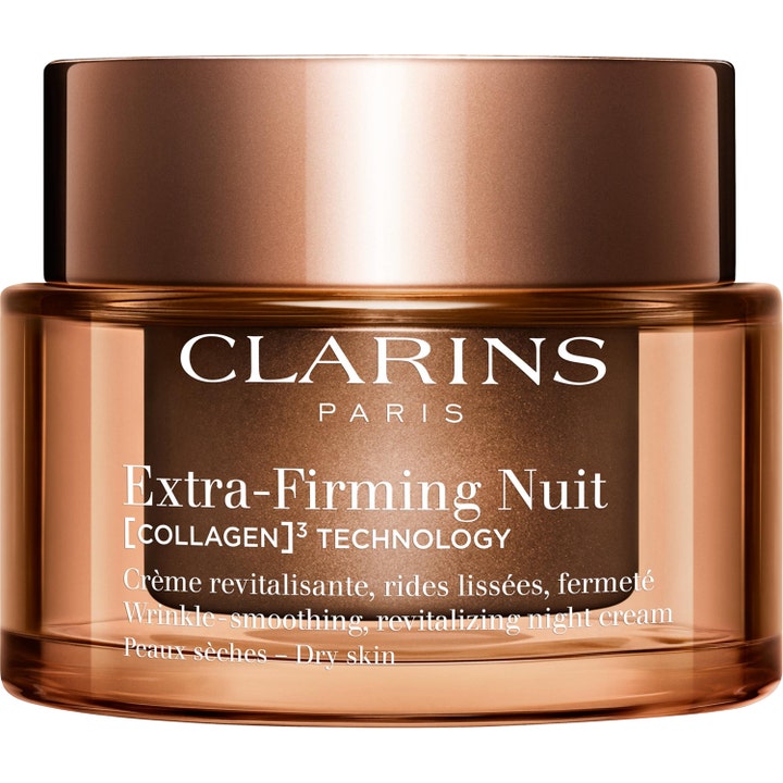 Clarins Extra-Firming Nuit 50 ml kiinteyttävä yövoide silottaa ryppyjä ruskeassa lasipurkissa pronssisella kannella