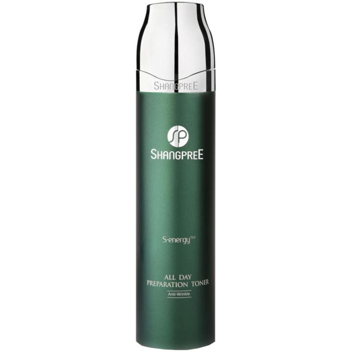 Shangpree S-energy All Day Preparation Toner silottava kasvovesi tyylikkäässä metsänvihreässä pullossa hopeakorkilla