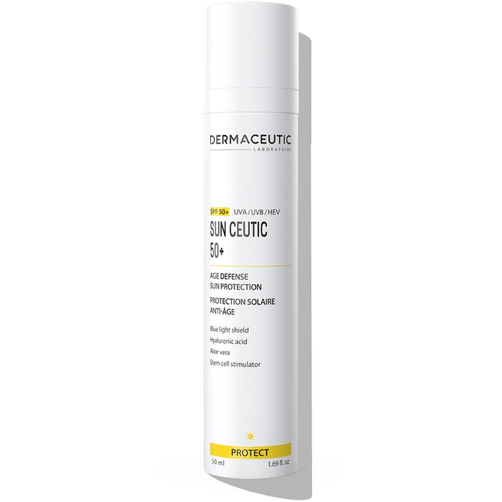 Dermaceutic Sun Ceutic 50+ 50 ml kosteuttava aurinkosuoja valkoisessa pumppupullossa keltaisilla yksityiskohdilla