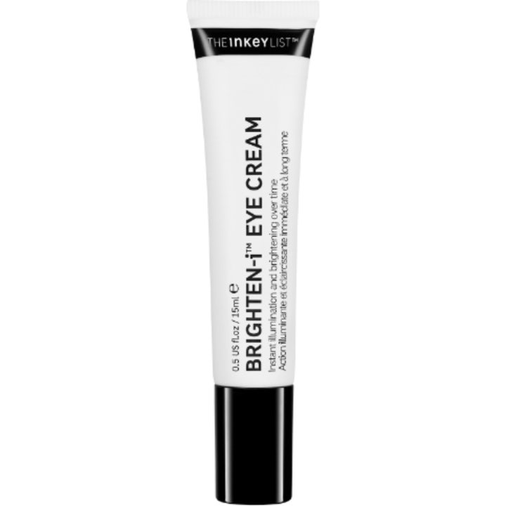 The Inkey List Brighten-i Eye Cream 15 ml kirkastava silmänympärysvoide valkoisessa tuubissa, jossa on musta korkki