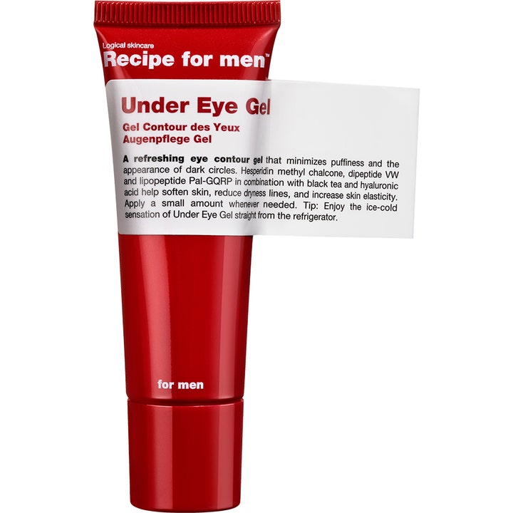 Recipe for men Under Eye Gel 25 ml silmänympärysgeeli laskee turvotusta punaisessa tuubissa valkoisella etiketillä.