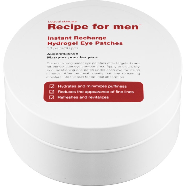Recipe for men Instant Recharge Hydrogel Eye Patches 60 kpl kosteuttavat silmänympärysnaamiot valkoisessa purkissa