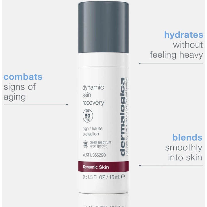 Dermalogica Dynamic Skin Recovery 15 ml SPF50 kosteuttava päivävoide harmaakorkkisessa pullossa ehkäisee ikääntymistä.