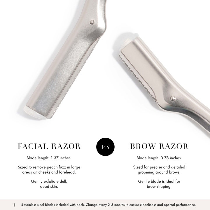 Tweezerman Facial Razor kasvojen karvanpoistoon sisältää vertailun kasvo- ja kulmakarvaveitsen välillä.