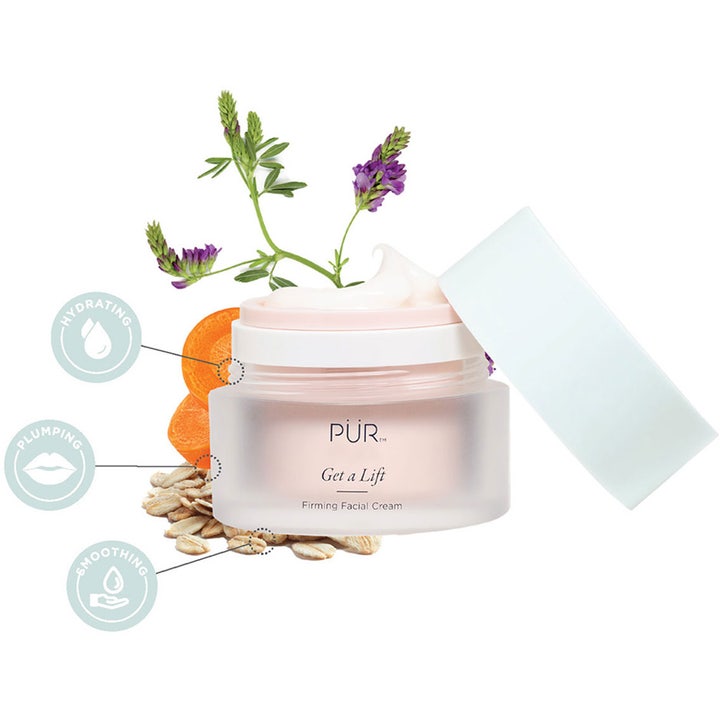 PÜR Get A Lift Cream 50 ml kiinteyttävä kasvovoide huurteisessa purkissa silottaa ihoa kauran ja porkkanan avulla.