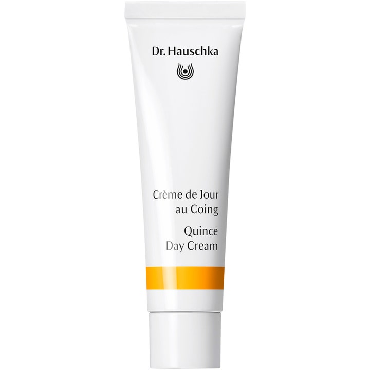 Dr. Hauschka Quince Day Cream 30 ml suojaava päivävoide valkoisessa tuubissa keltaisella raidalla.
