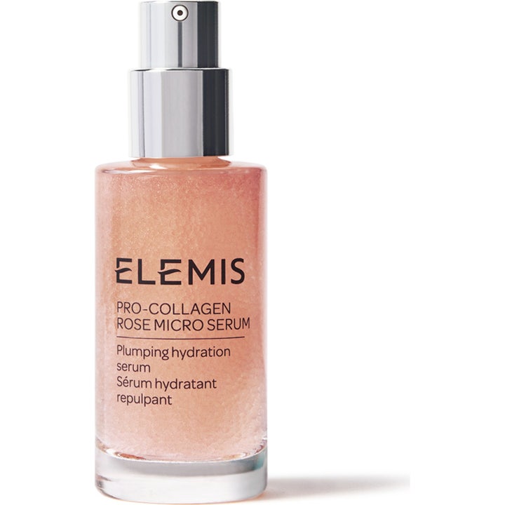 Elemis Pro-Collagen Rose Micro Serum 30 ml täyteläistävä seerumi lasipullossa, jossa vaaleanpunainen helmiäiskoostumus.