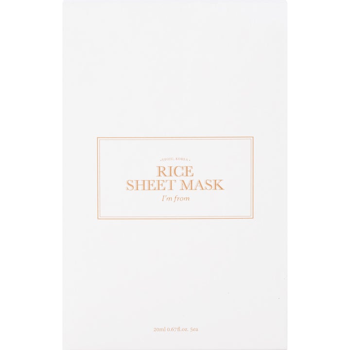 I'm from Rice Sheet Mask 5 kpl kirkastava kangasnaamio valkoisessa pakkauksessa jossa on kultainen tekstikehys