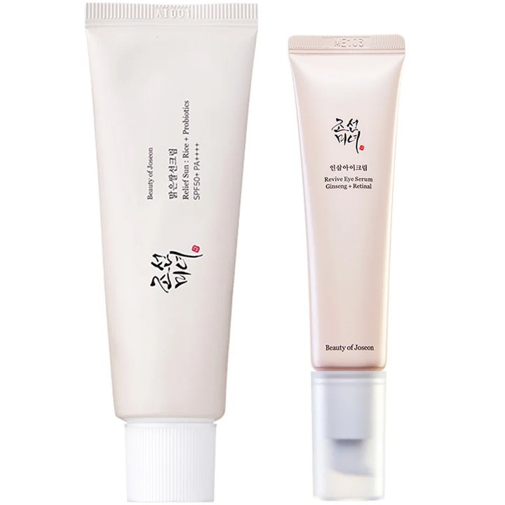 Beauty of Joseon Relief Sun 50ml ja Revive Eye Serum 30ml suojaava aurinkovoide sekä silmänympärysseerumi vaaleissa tuubeissa