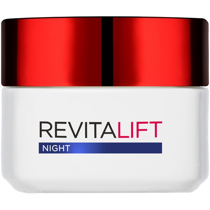 L'Oréal Paris Revitalift Night 50 ml silottava yövoide valkoisessa lasipurkissa, jossa on punainen kansi.