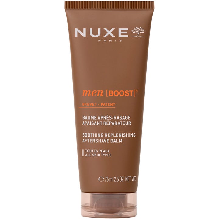 Nuxe Men Boost Aftershave Balm 75 ml rauhoittava ja korjaava partabalsami ruskeassa muovituubissa valkoisella tekstillä