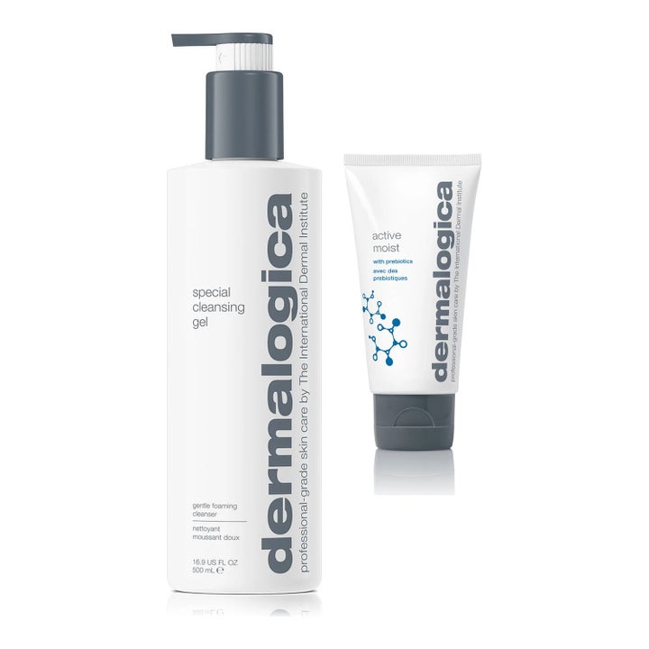 Dermalogica Active Moist ja Special Cleansing Gel 500 ml puhdistava duo valkoisessa tuubissa ja harmaassa pumppupullossa