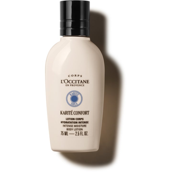 L'Occitane Shea Ultra Rich Body Lotion 75 ml kosteuttava vartalovoide vaaleassa muovipullossa mustalla korkilla