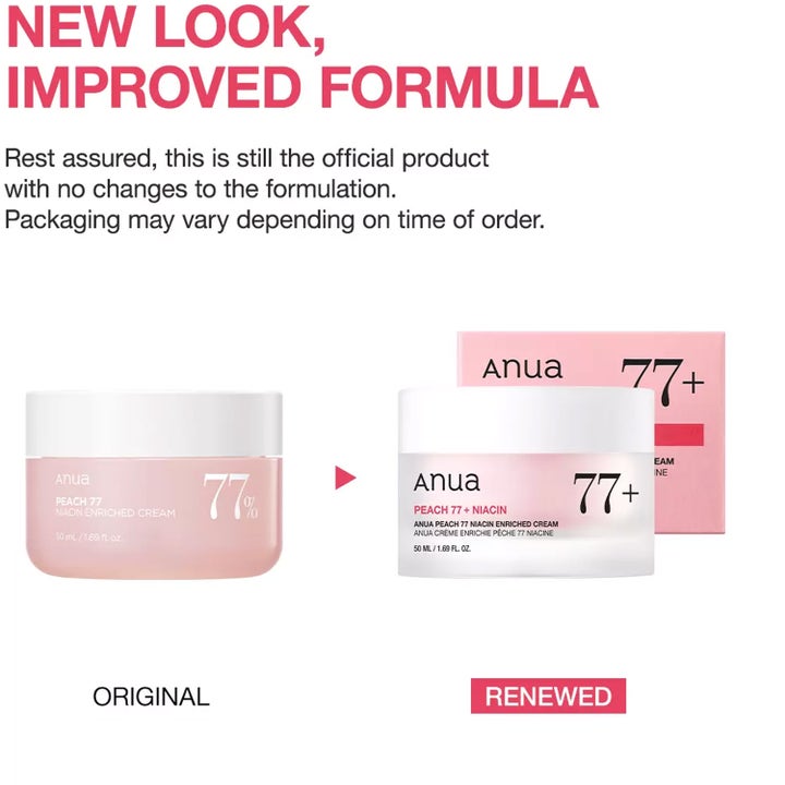 Anua Peach 77% Niacin Enriched Cream 50 ml heleyttävä kasvovoide uudistetussa pakkauksessa ja vaaleanpunaisessa rasiassa.