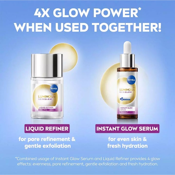 Nivea Luminous630 Skin Glow 30 ml kirkastava seerumi ja Liquid Refiner tuovat hehkua ja tasoittavat ihoa.