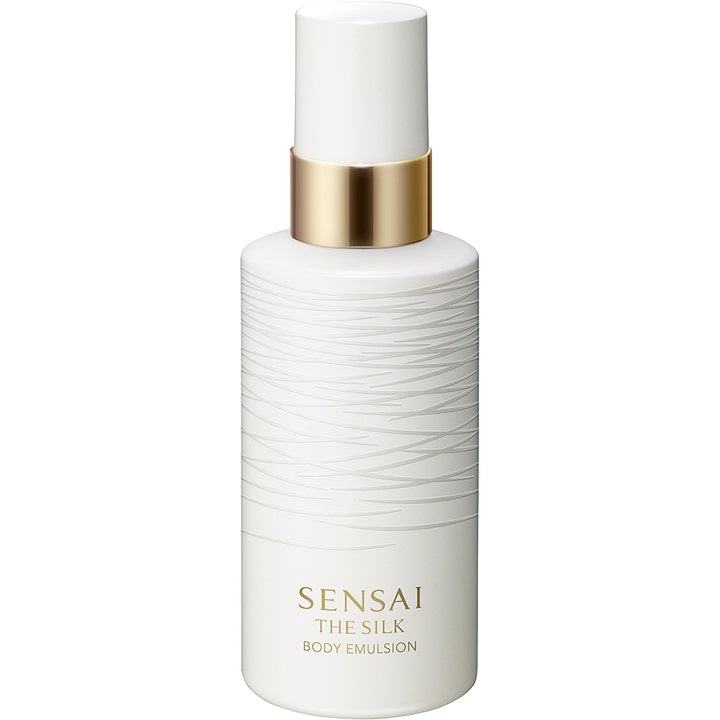 Sensai The Silk Body Emulsion 200 ml kosteuttava vartaloemulsio valkoisessa kuvioidussa pullossa kultaisella kauluksella.
