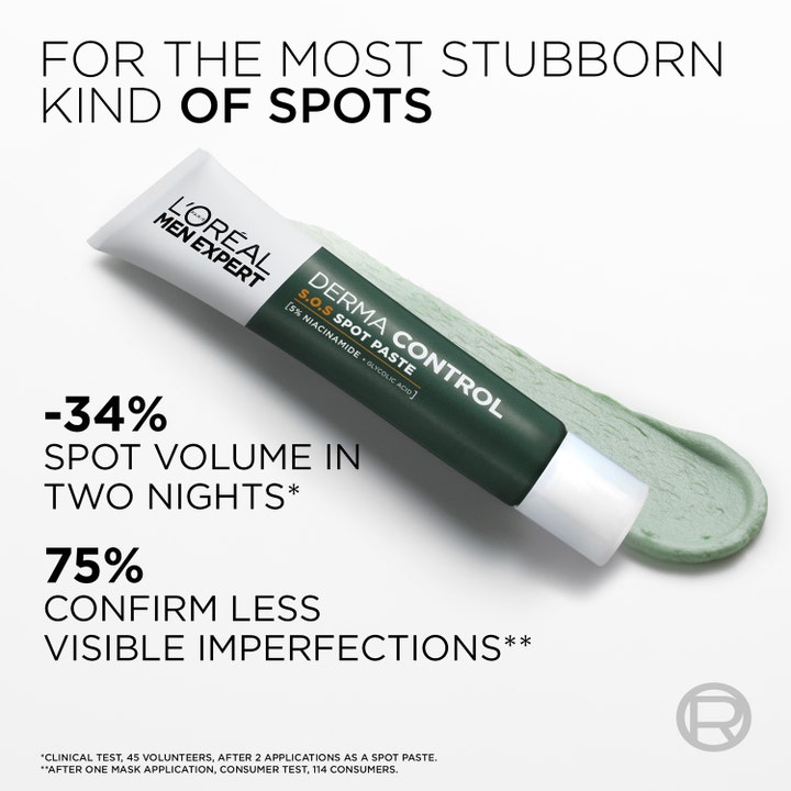 L'Oréal Paris Men Expert Derma Control S.O.S Spot Paste 45 ml finnejä hoitava voide ja vaaleanvihreä pasta.
