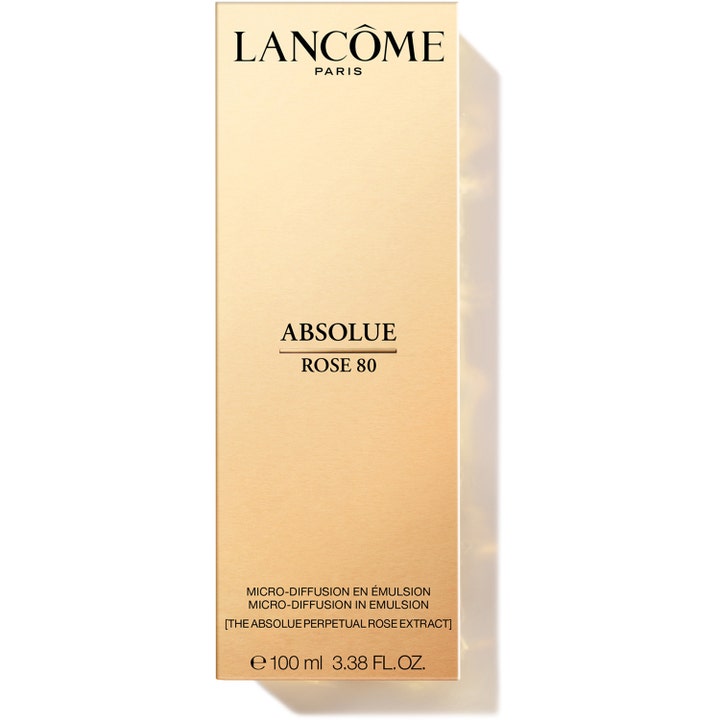 Lancôme Absolue Rose 80 Emulsion 100 ml heleyttävä essence-hoitoneste kultaisessa ulkopakkauksessa.