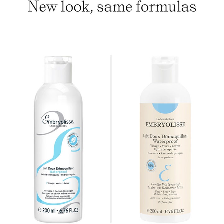 Embryolisse Milky Make Up Remover Emulsion 200 ml puhdistusemulsio näyttää pakkauksen uuden ja vanhan ilmeen.
