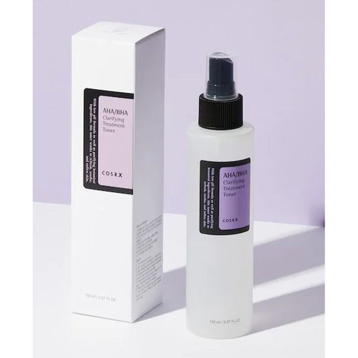 COSRX AHA/BHA Clarifying Treatment Toner 150 ml kuoriva kasvovesi suihkepullossa ja valkoisessa pakkauksessa
