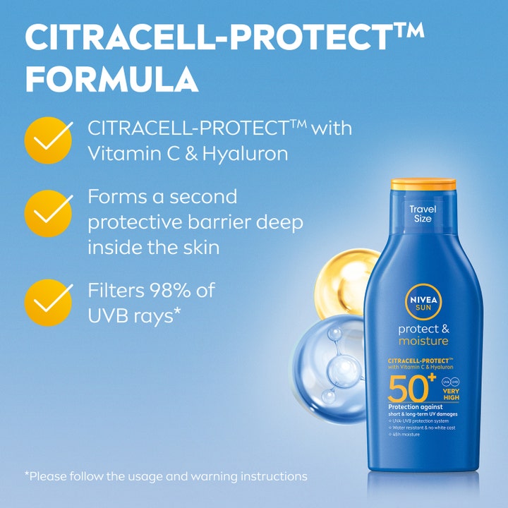 NIVEA Sun Protect & Moisture 100 ml aurinkovoide SPF50+ ja Citracell-Protect-koostumus C-vitamiinilla.