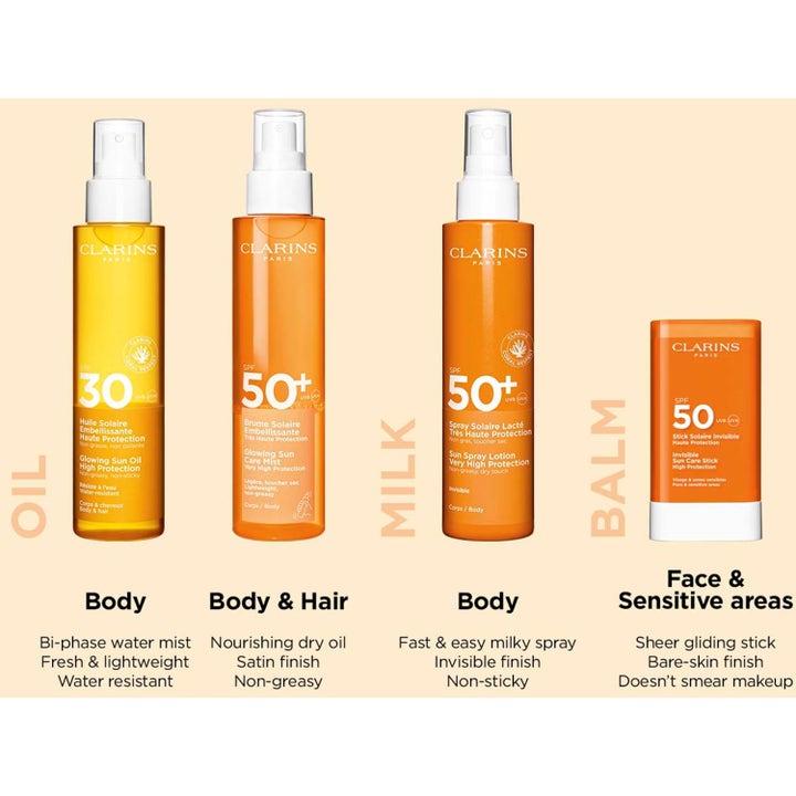 Clarins Glowing Sun Care Mist 150 ml SPF50+ aurinkosuojasuihke vartalolle oranssissa suihkepullossa.