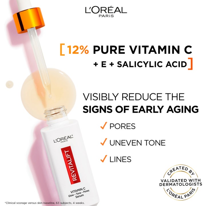 L'Oréal Paris Revitalift Clinical 30 ml kirkastava C-vitamiiniseerumi lasipullossa ja pipetti koostumuksella