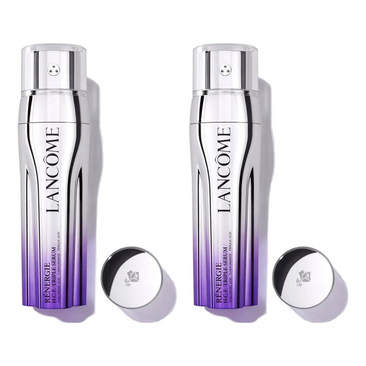 Lancôme Rénergie H.C.F. Triple Serum kaksi kappaletta kirkastava kasvoseerumi hopeisissa ja violeteissa metallipulloissa